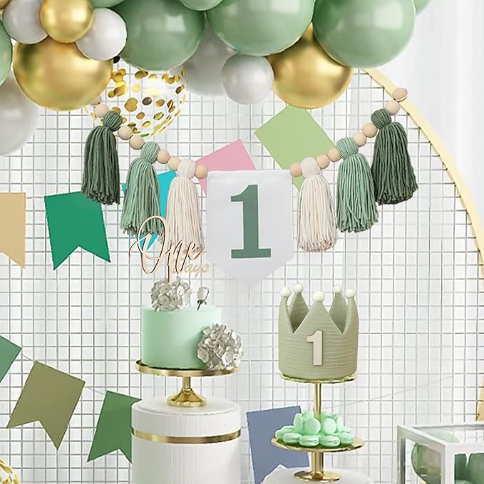 Wild One High Chair Banner For 1st Birthday Party Decorations With Green Wood Bead Tassel Garland Crown Hat Wooden Cake Topper