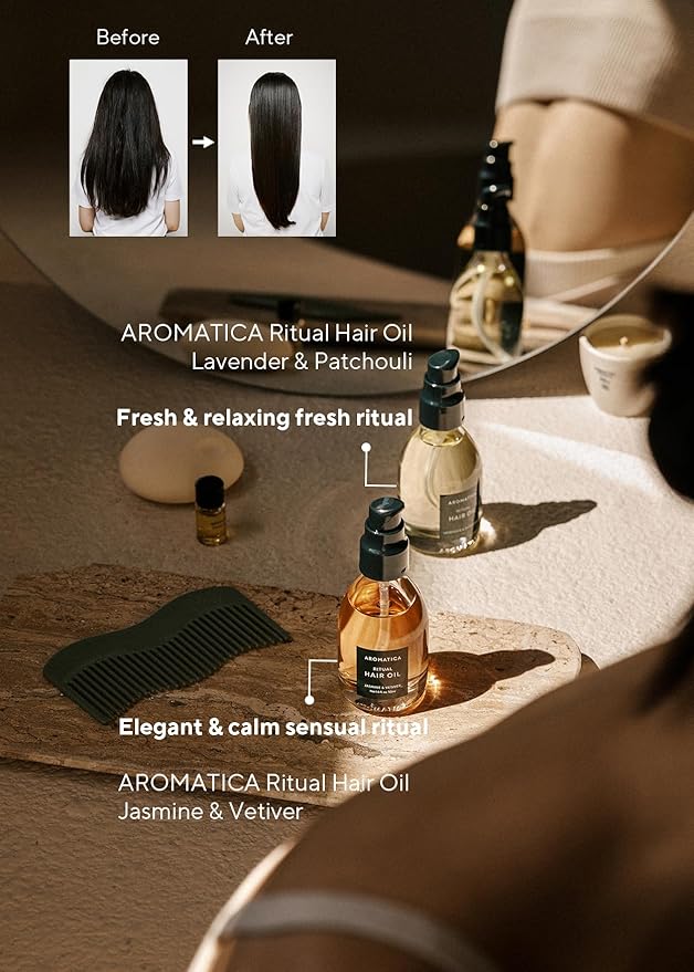 AROMATICA Ritual Lavender & Patchouli Hair Oil - Adds Shine and Smooths Split Ends - Blow Out Hair Serum for Damaged & Frizzy Hair - Nourishing for Dry Curly Hair - Silicone-Free (1.6 fl oz)