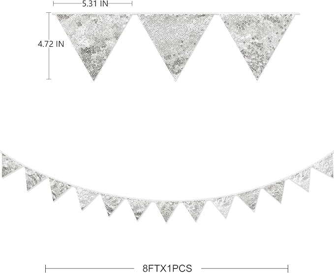 Pinkblume Double Sided Sequin Fabric Triangle Pennant Banner Flag Bunting Garland for Silver Theme Nursery Classroom Home Bedroom Wall Holiday Christmas Decor