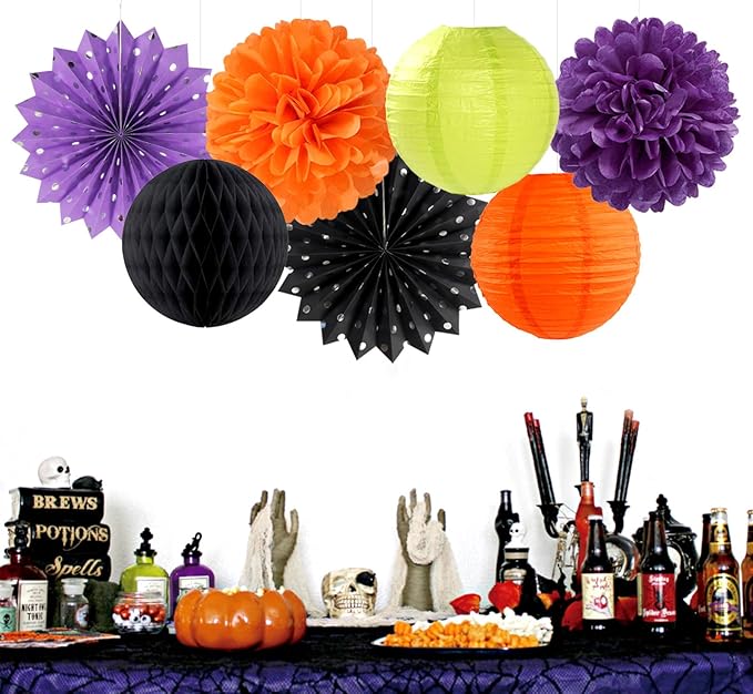 Black-Orange Purple Green Halloween Party-Decorations - 14pc Kit Paper Lanterns Fan,Tissue Flower Pom Poms Streamers,Honeycomb Balls,Birthday Supplie Wedding Baby Bridal Shower Decor Lasting Surprise
