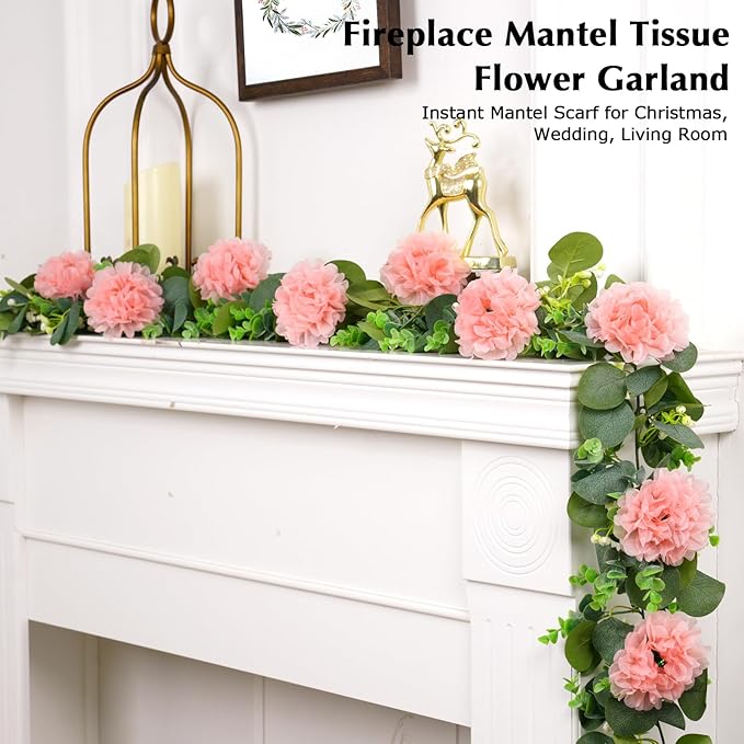 Tissue Paper Pom Pom Garland Hanging Paper Flower Decorations for Wedding Baby Shower Engagement Garden Tea Party Bridal Shower Spring Summer Wall Decor Nursery Arch Backdrop