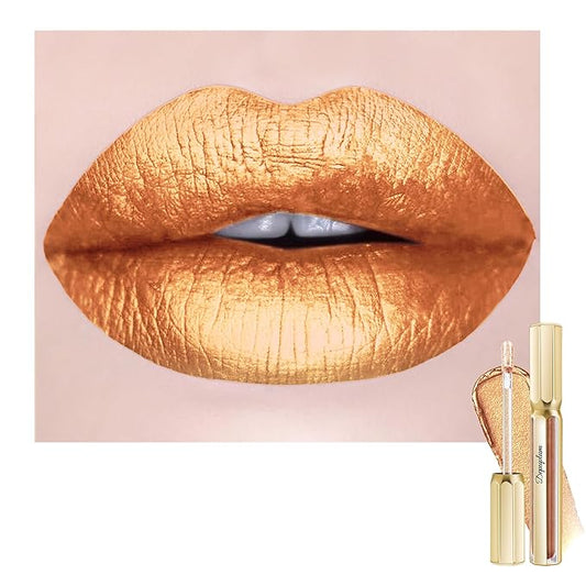 Gold Lipsticks for Women Metallic Lipstick Long Lasting Non Stick Cup Lip Gloss, Shimmer Lightweight Hydrating Full Coverage Lip Color,DP111 Ponyo