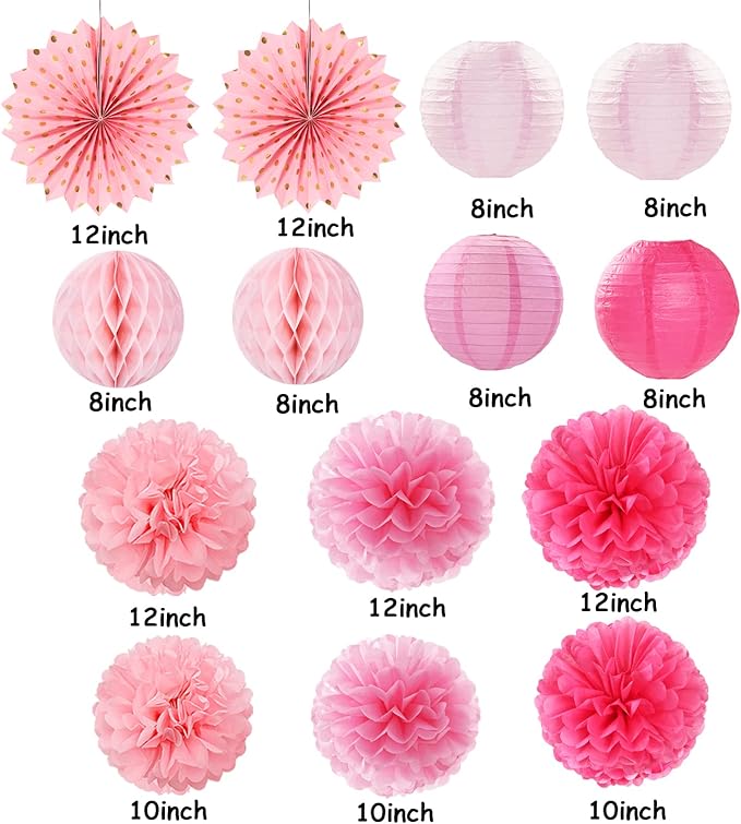 Rose Hot-Pink Party Decorations Streamers - 14pcs Girl Birthday Baby Shower Paper Lanterns Fan,Tissue Pom Poms,Honeycomb Balls,Bachelorette Bridal Wedding Engagement Supplies Decor Lasting Surprise
