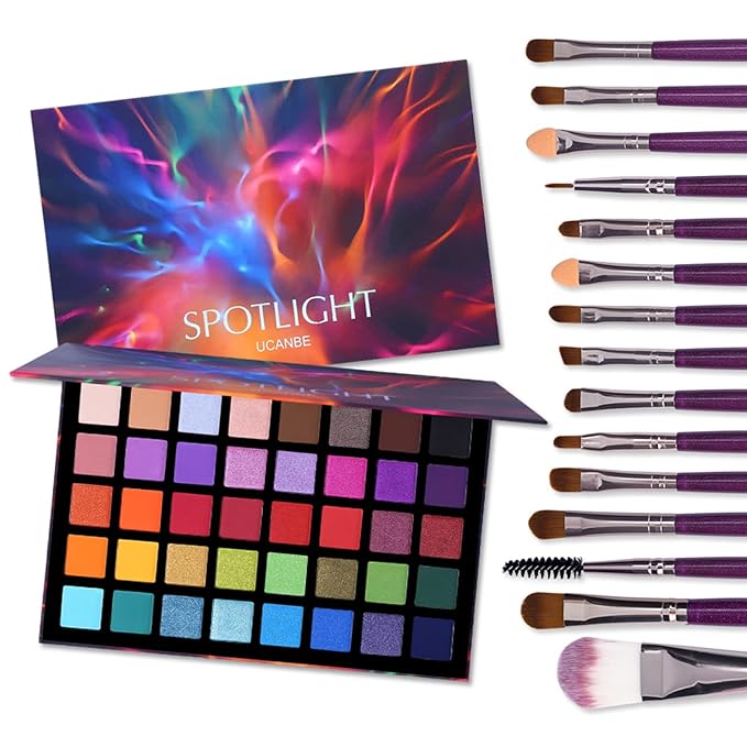 UCANBE Spotlight Eyeshadow Palette + 15 PCS Eye Brushes Makeup Set, Professional 40 Color Matte Shimmer Glitter Eye Shadow Pallet Highly Pigmented Waterproof Long Lasting Make up Pallete