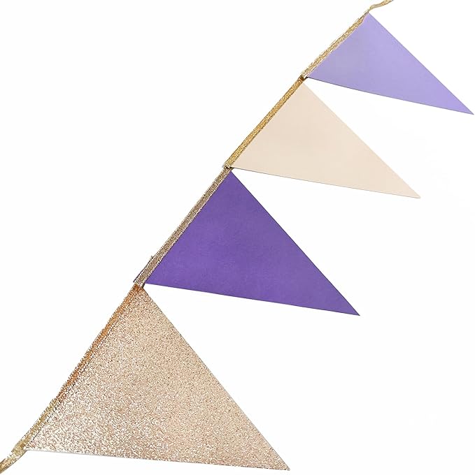 30 Ft Purple Lavender Beige Champagne Gold Party Decorations Pennant Banner Flag Hanging Paper Triangle Bunting for Baby Shower Birthday Bridal Shower Wedding Engagement Lilac Violet Party Supplies