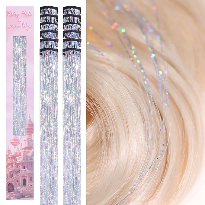 WENNALIFE Hair Tinsel Clip In for Girls Silver, 12pcs 24 inch Clips Tinsel Hair Extensions Clip in Colorful Glitter Clips Sparkle Fairy Hair Accessories for Kids