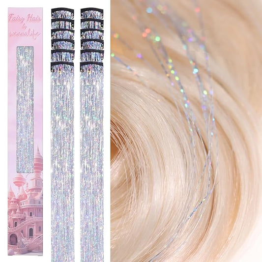 WENNALIFE Hair Tinsel Clip In for Girls Silver, 12pcs 24 inch Clips Tinsel Hair Extensions Clip in Colorful Glitter Clips Sparkle Fairy Hair Accessories for Kids