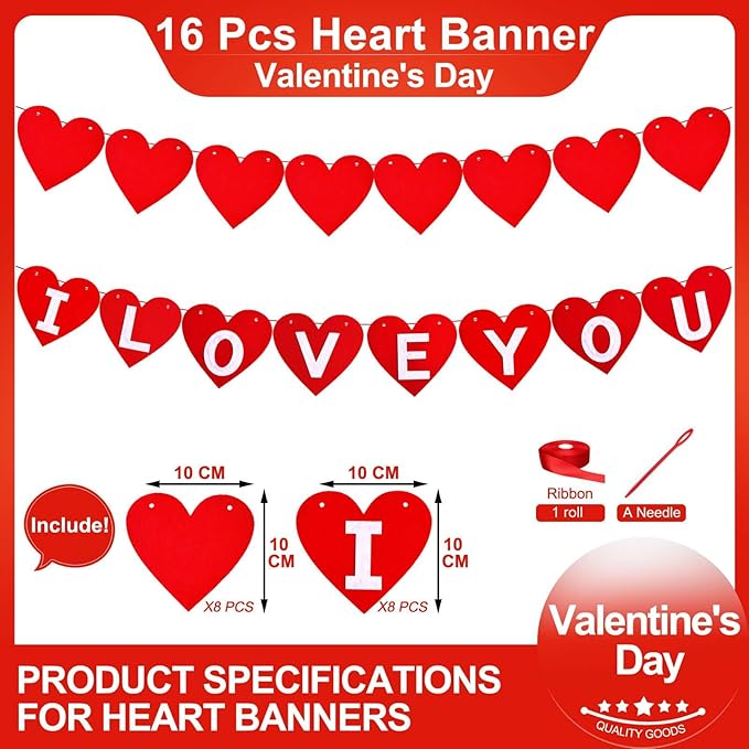 2 Pack Felt I Love You Bunting Banner, Valentines Day Felt Red Heart Decorations,Valentines Day White I Love You Sign Banner for Valentines Day Anniversary Wedding Party Decorations Supplies