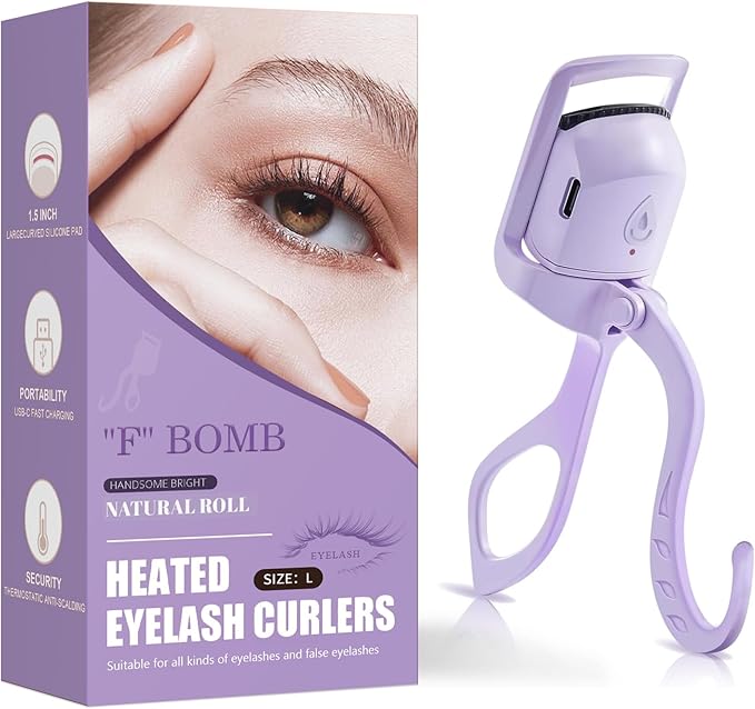 C-Shaped Heated Eyelash Curler Fast Heat Up in 5s - Rechargeable Electric Eyelash Curler for 24H Long Lasting Curls - Safe Anti-Burn Lash Curler Elevate Your Beauty with Stunning Lashes (Purple, L)