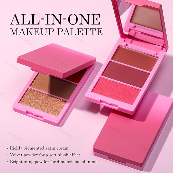 KYDA 3 Colors Blush Palette, All-In-One Face Maleup Palette, Matte Cheek Blusher Makeup, Multi-Finish Shimmery Blusher, Blendable Blush Highlighter Powder,04