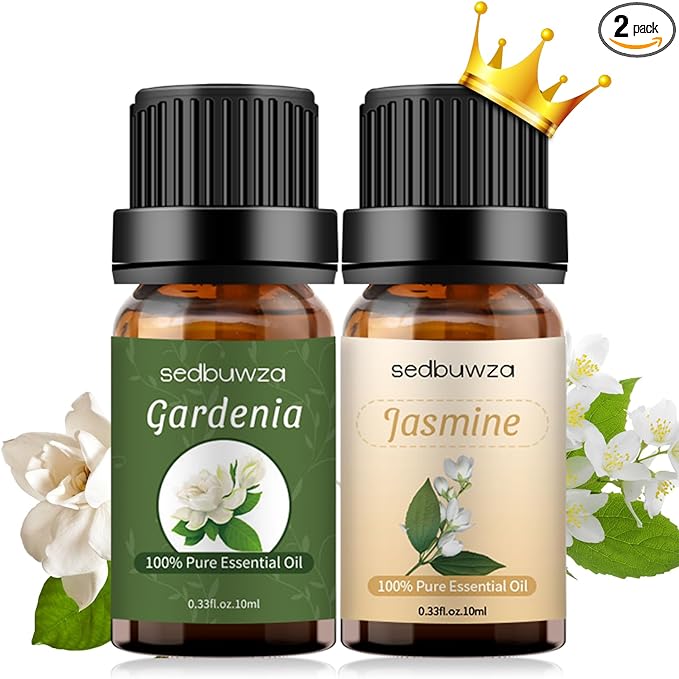 Sedbuwza Gardenia Jasmine Essential Oil Set, Gardenia Fragrance Oil Jasmine Scent Oil Set for Diffuser, Aromatherapy, Massage, Soap, Candle Making 2 x 10 ml