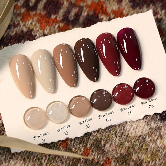 Born Pretty Fall Winter Brown Gel Nail Polish,6 Colors Brown Beige Khaki Skin Tone Gel Polish Roasted Chestnuts Chocolate Burgundy Red Gel Polish Kit for Salon Nail Art DIY at Home Manicure