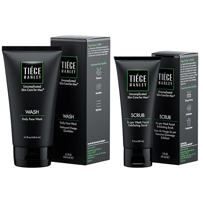 Tiege Hanley Daily Face Wash (5.5 oz) & Exfoliating Face Scrub for Men (2 oz) for Oily, Dry & Sensitive Skin | Hydrating, Fragrance-Free Gentle Facial Scrub for Deep Pore Cleansing & Detoxifying