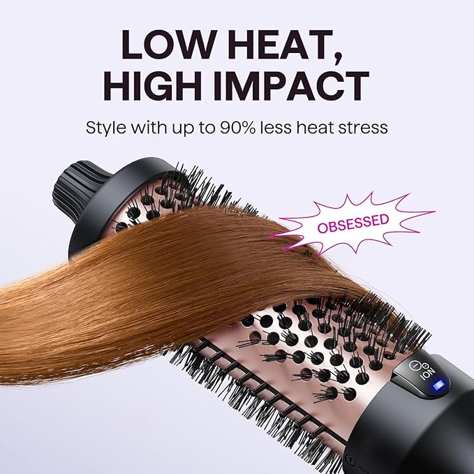 Wavytalk Thermal Brush, Blowout Boost 1.5 inch Heated Round Brush for Blowout Look, Negative Ion Technology, Ceramic Tourmaline, 5 Temperature Settings, Dual Voltage, Purple, Less Damage