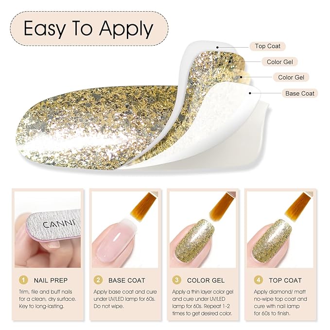 CANNI Gold Glitter Gel Polish – 9ML Chunky Sparkly Soak-Off UV/LED Nail Gel, Golden Flakes Finish for DIY Manicure, French Tips, or Salon Use