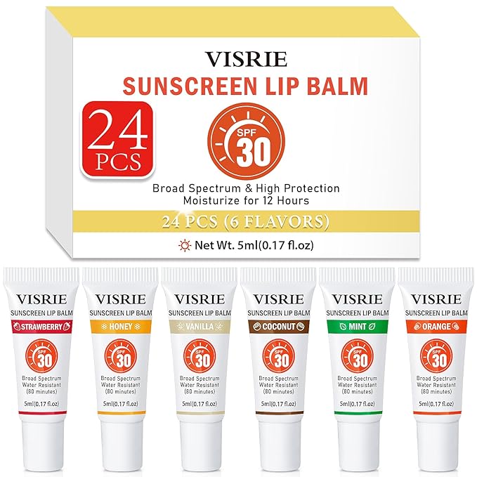 SPF 30 Lip Sunscreen, SPF Lip Balm Bulk 24 Pack, Moisturizing Sunscreen Lip Balm with Vitamin E and Shea Butter, Non-Sticky SPF Lip Gloss for All Skin Tones-Clear