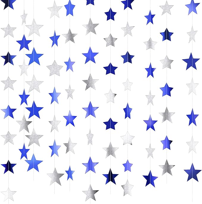 Patelai Glitter Star Garland Banner New Years Decor 130 Feet Star Hanging Banner Twinkle Backdrop for Birthday Classroom Wedding Halloween Christmas Party Supplies(Ocean Blue, Glitter Silver)