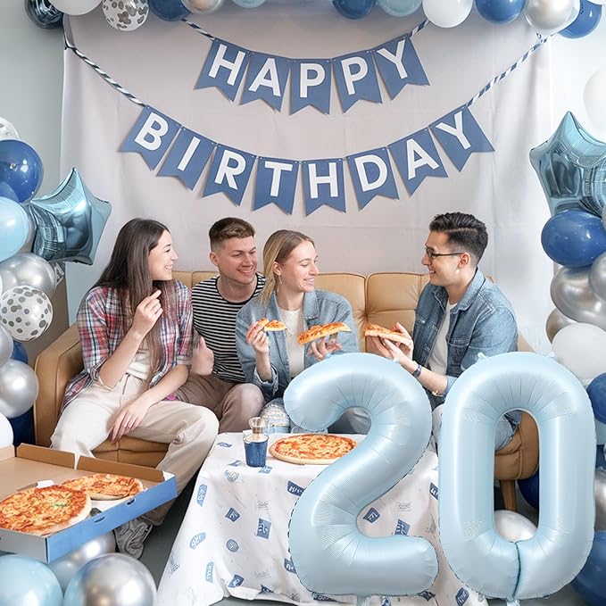20th Birthday Balloons for Boy, 40 Inch Foil Self Inflating Light Baby Blue Number 20 Balloon, Pastel Sky Blue Large Helium Mylar 20 Balloon Number for Men Birthday Party Decor Anniversary Decorations