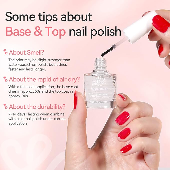 Born Pretty Clear Nail Polish Base and Top Coat Set 2 PCS High Shine Glossy Finish Quick-Dry No U V Needed Low Odor Natural Compatible with Nail Lacquer DIY Salon 0.34 fl oz Each