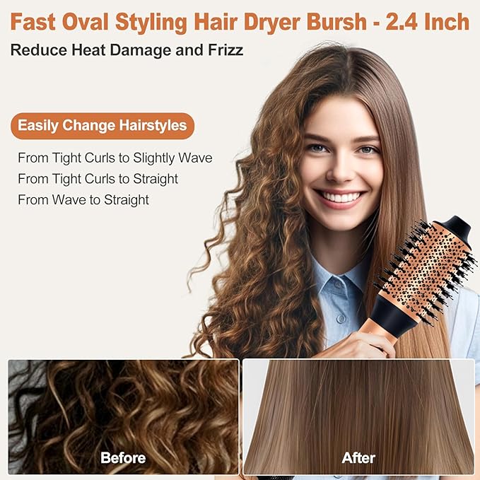 Air Styler Hair Dryer Brush - 110,000 RPM Flexible Hair Styler for Fast Drying/Rotating Curling/Volumizing/Straightening, Auto Wrap Curlers, High-Speed Oval Blow Brush Hair Dryer (Black-Caramel)