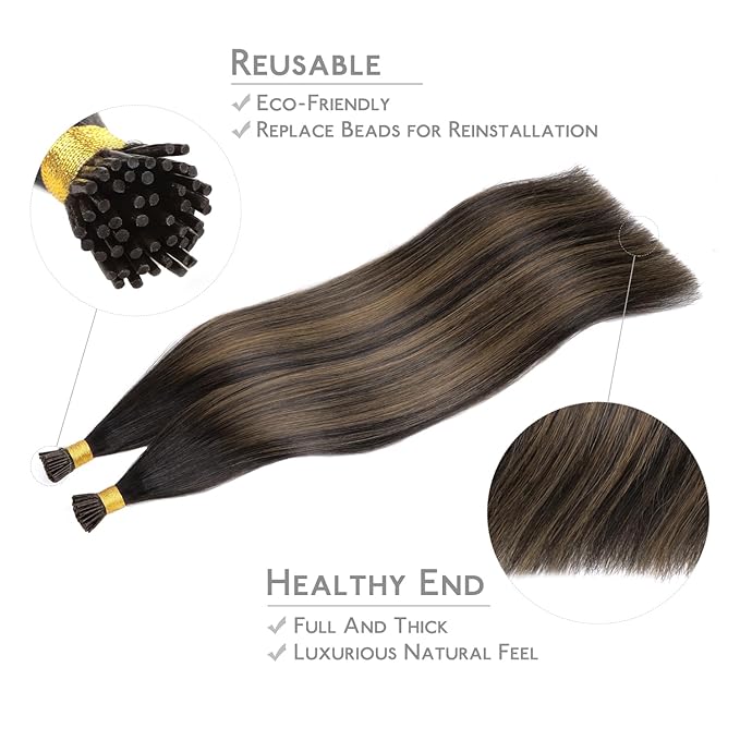 WENNALIFE I Tip Hair Extensions Real Human Hair, 100g 200s 16 Inch Balayage Dark Brown Mixed Chestnut Brown Remy Itip Human Hair Extensions Invisible Itips Straight I Tips Cold Fusion Extensions