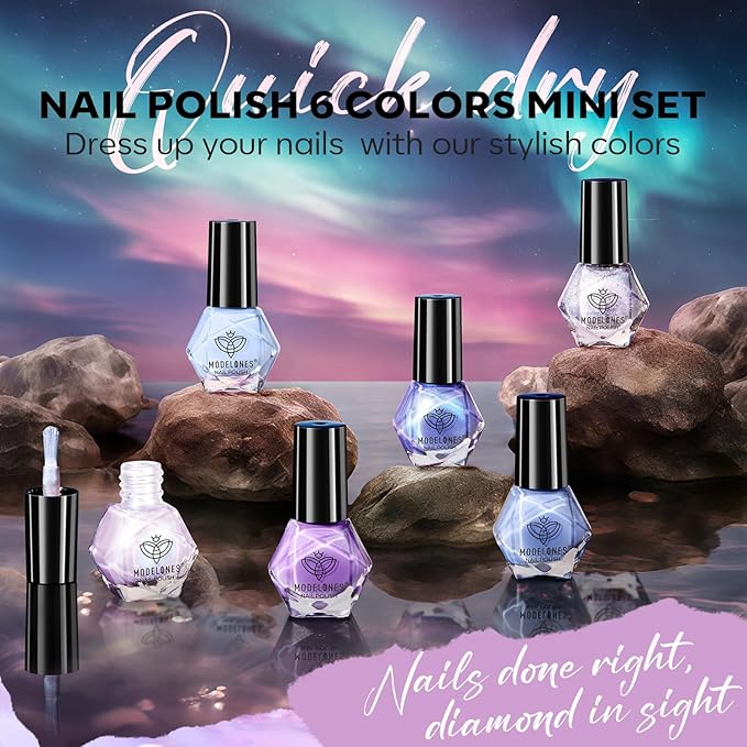 modelones Nail Polish Set, 6 Colors 2025 Baby Blue Purple Nail Polish Set Shimmer Glitter Sliver Fast Drying Mini Nail Lacquer Kit Finger Manicure DIY Nail Art Home Salon Gift for Women Girl