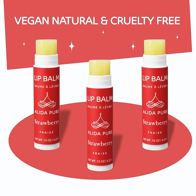 Strawberry Lip Balm Collection, Vegan Set, Beeswax Free, with Organic Jojoba and Avocado Oil, Vitamin E, Natural Moisturizer for Dry, Chapped Lips, 3 Tube Set