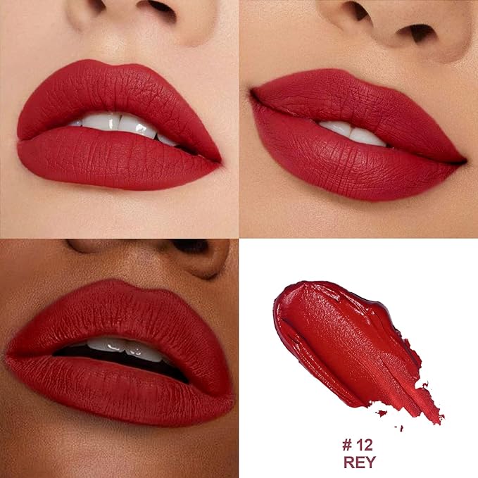 O'CHAIN Dark Red Matte Lipstick, Long Lasting Full Coverage Non-Transfer Lipstick for Women Infused with Jojoba Oil and Vitamin E, Cruelty-Free & Vegan (12 REY) 0.12 Oz