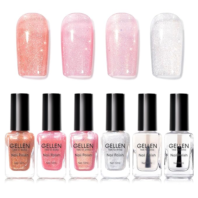 GELLEN Sheer Shimmer Pink Nail Polish & Clear Base Top Coat Nail Polish, Light Pink Shimmer Nail Polishes Summer Spring Translucent 6pcs Set, Quick Dry Regular Nail Polishes Non UV Gel, Hema Free