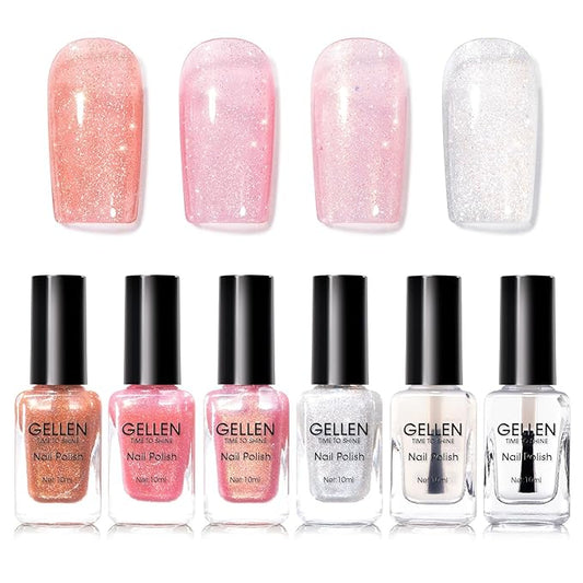 GELLEN Sheer Shimmer Pink Nail Polish & Clear Base Top Coat Nail Polish, Light Pink Shimmer Nail Polishes Summer Spring Translucent 6pcs Set, Quick Dry Regular Nail Polishes Non UV Gel, Hema Free