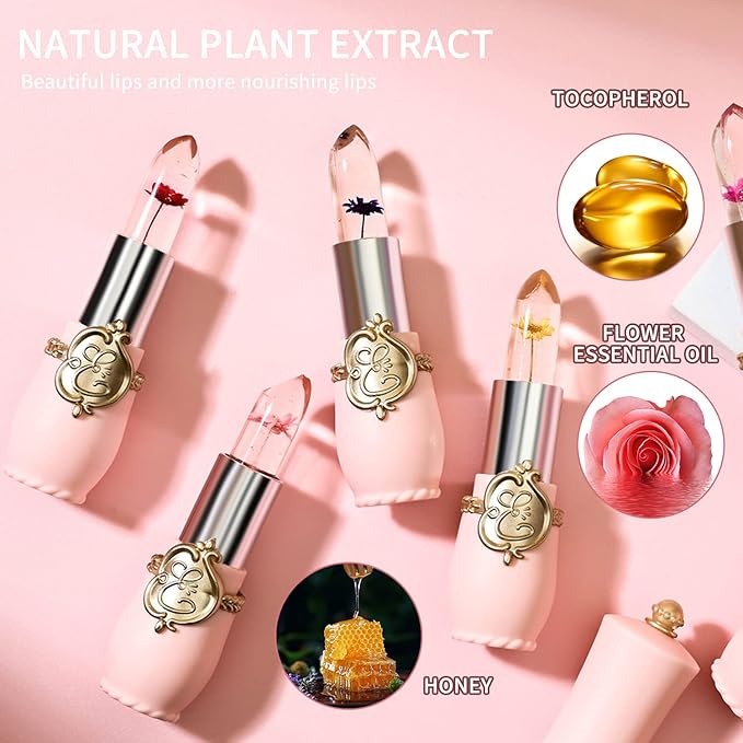 BestLand 3 Pcs/Set Flower Jelly Lipstick Set Temperature Change Moisturizer Long Lasting Nutritious Balm Magic Color Change Lip Gloss (Flower Jelly Lipstick 040506)