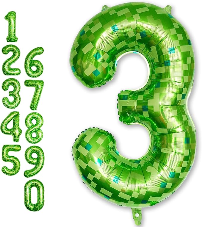 3rd Birthday Balloons for Boys, Large Lime Green Pixel Number 3 Balloon, 40'' Dark Kelly Green Foil 3 Balloon Number for Kids Three Year Old Birthday Video Game Forest Patrick's Day Party Decorations