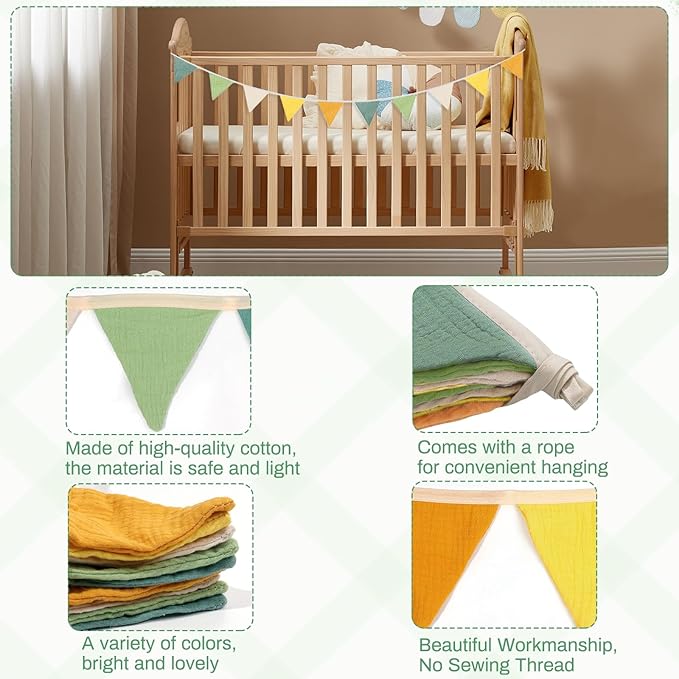 2PCS Pennant Banner Flags, Fabric Bunting Banner Nursery Garland Decor, Baby Shower Garland, Triangle Flags for Baby Boy Room, Playroom, Boho Birthday Party Decor, Each 7.75 ft (Green Yellow)