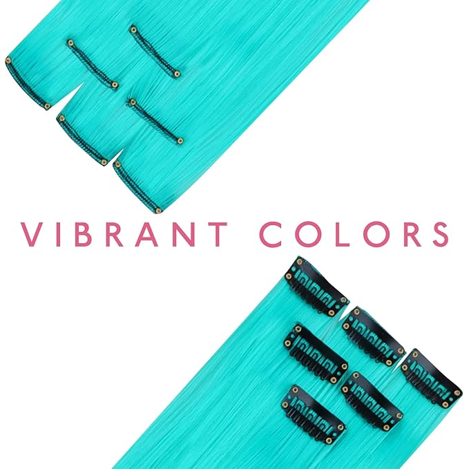 WENNALIFE 12 PCS Teal Hair Extensions Clip in, Colored Clip in Hair Extensions for Kids Highlights Rainbow Hair Clips for Girls Synthetic Straight Pop-up Style Colorful Festival Girls Hair Accessories