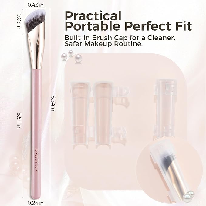 Concealer Brush with Travel Cover – Angled Under Eye Makeup Small Foundation Precision Face Blending Brush for Color Corrector & Nose Contour, Soft Vegan Bristles for Sensitive Skin (PINK)