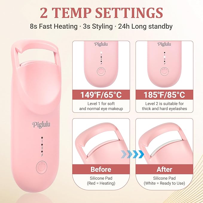 Heated Eyelash Curler, Mini Electric Eyelash Curler for Women with 5s Fast Heating & 24H Long-Lasting Curl, 2-Level Temp Control, Anti-Burn Silicone Pad, Portable Type-C Charging