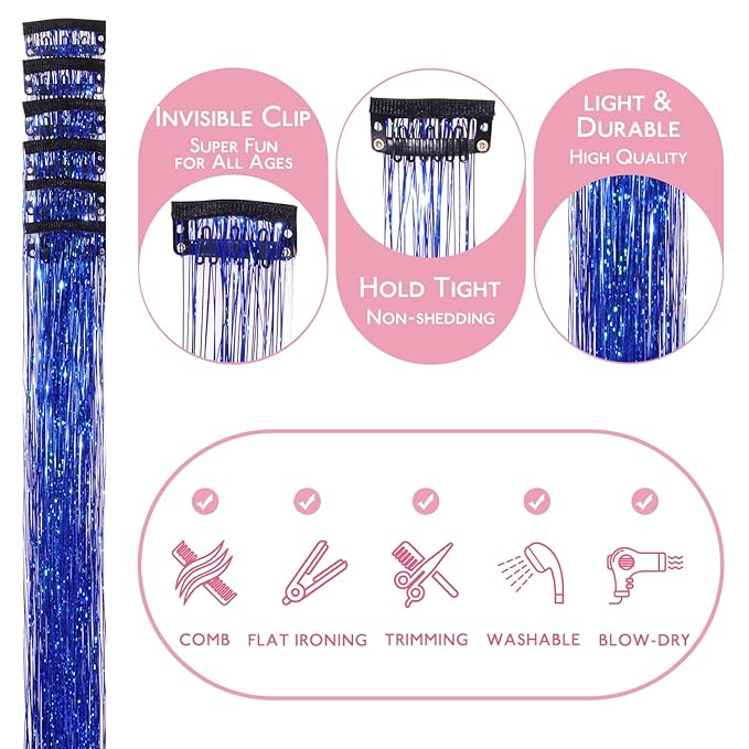 WENNALIFE Hair Tinsel Clip In for Girls Sky Blue, 6pcs 24 inch Clips Tinsel Hair Extensions Clip in Colorful Glitter Clips Sparkle Fairy Hair Accessories for Kids