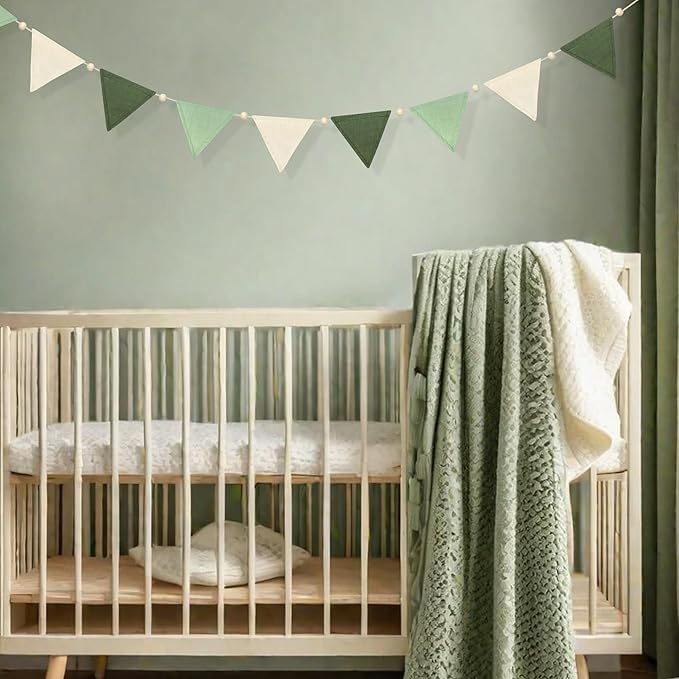 2 Sets of Sage Green Wood Beads Pennant Banner 20Pcs Flags Nursery Garland Olive Green Fabric Linen Triangle Streamers for Baby Room Decor Kids Jungle Safari Birthday Baby Shower Party Decorations