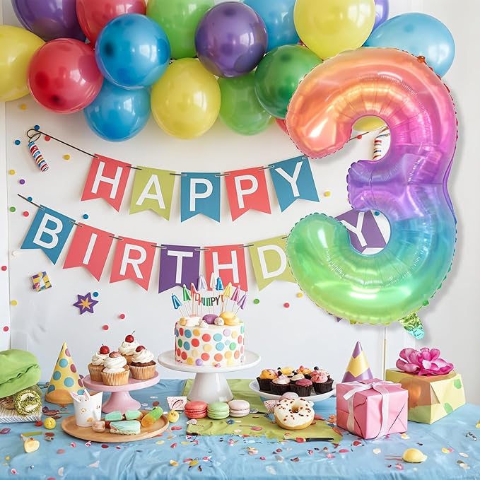 3rd Birthday Balloons for Boys, 40 Inch Foil Self Inflating Rainbow Number 3 Balloon, Large Mylar Colorful Multicolor 3 Balloon Number for Kids 3 Yeal Old Birthday Party Decor Anniversary Decorations
