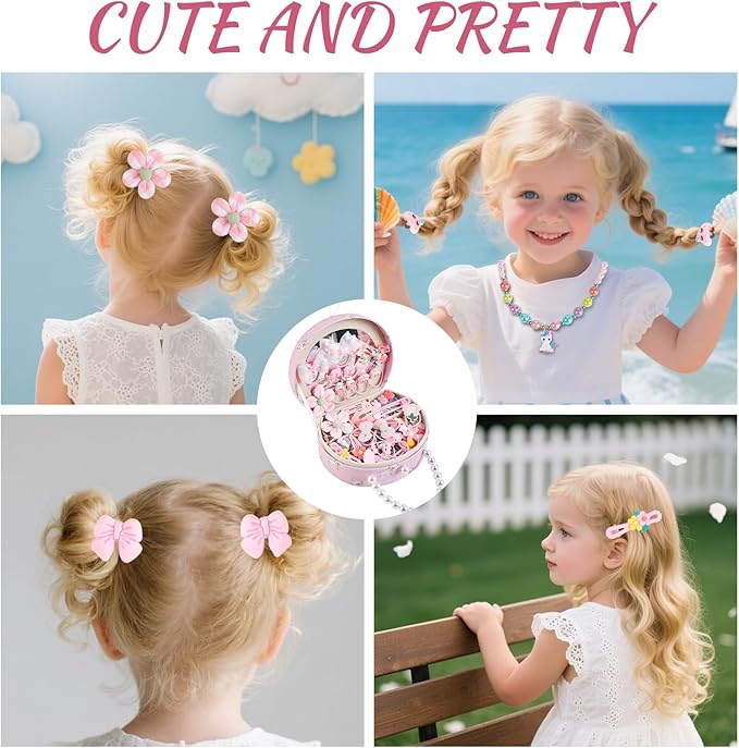 Velachuan Princess Jewelry Box for Girls with Hair Accessories,Girls Hair Clips Bows Set, Fashion Hair Styling Kit with Mirror,Pink Sparkle Trinket Box Includes Hair Clips (Ribbon)