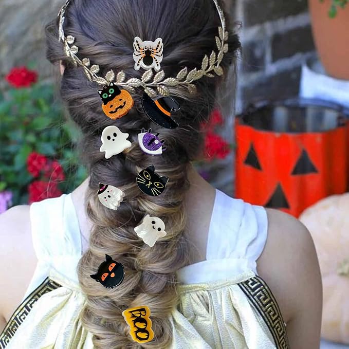 10 Pcs Halloween Hair Claw Clips Cat Spider Small Claw Clip Forehead Bangs Broken Cute Ghost Pumpkin Eyes Hat Shape Non Slip Mini Hair Clips Alloy Side Barrettes for Women Thin Medium Short Hair