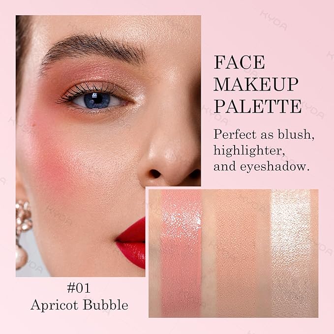 KYDA 3 Colors Blush Palette, All-In-One Face Maleup Palette, Matte Cheek Blusher Makeup, Multi-Finish Shimmery Blusher, Blendable Blush Highlighter Powder,01