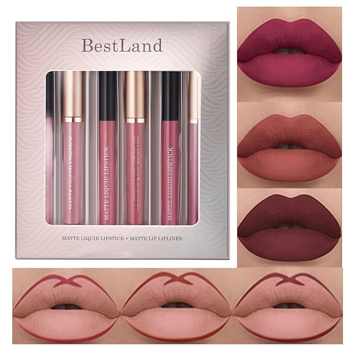 BestLand 6Pcs Matte Liquid Lipstick and Lip Liner Set, Non-Stick Cup Not Fade Waterproof 24 Hour Lip Gloss Nude Brown Lip Liner Pencil for Women, labiales mate 24 horas originales (Set D)