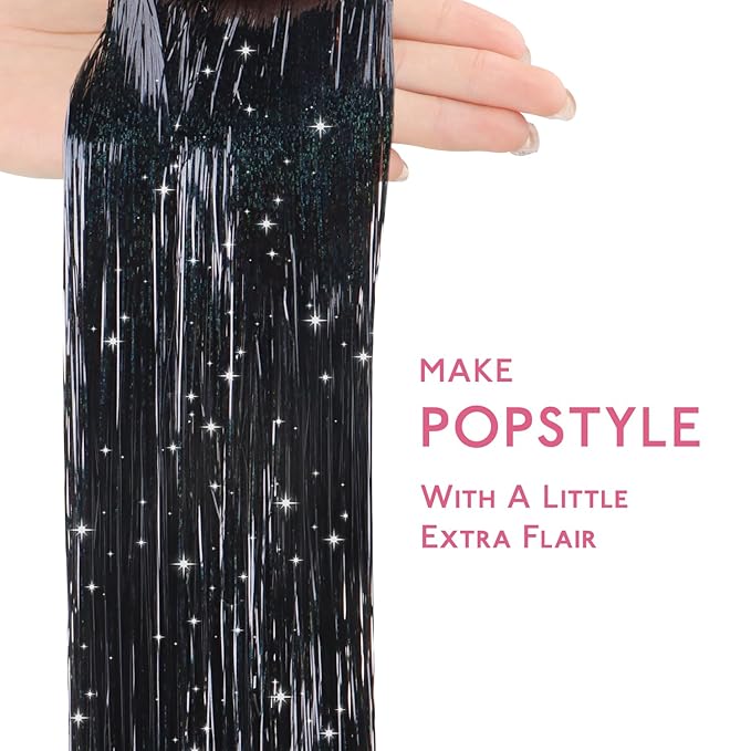 WENNALIFE Hair Tinsel for Girls, Black Fairy Kit 1200 Strands 6PCS 48 Inch Heat Resistant Glitter Tinsel Hair Extensions Kit Christmas Feathers Sparkle Strands