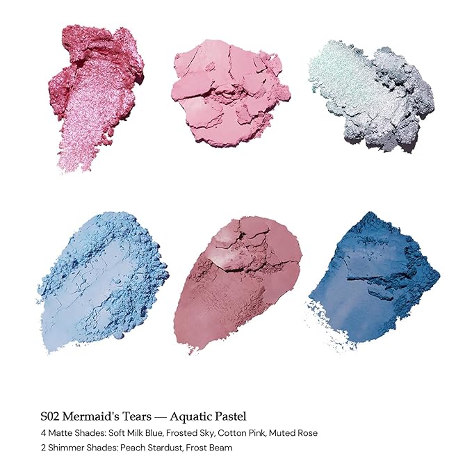Flower Knows Shell's Jewel 6-Color Makeup Palette,Eyeshadow,Blush,Highlighting & Contour All-in-One Face Makeup Palette with 4 Matte+2 Shimmer Pink & Blue Shades(S02 Mermaids Tears,0.23 Oz)