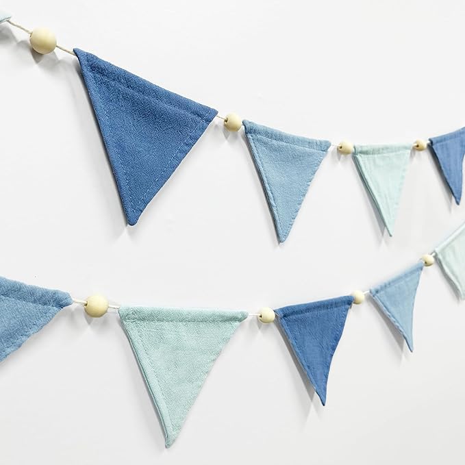 2 Sets of Blue Pennant Wooden Bead Banner Nursery Garland 20pcs Royal Linen Fabric Flags Triangle Streamers for Baby Room Decor Kids Boys Nautical Birthday Baby Shower Boho Event Party Decorations