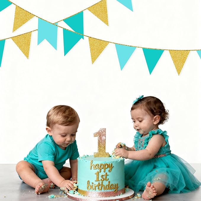 Teal Aqua Blue and Gold Party Decorations Pennant Banner Flag Hanging Glitter Paper Triangle Bunting for Baby Shower Birthday Graduation Bridal Shower Wedding Engagement Turquoise Party Decor Supplies