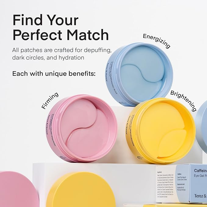 TEREZ & HONOR Under Eye Patches for Dark Circles - 60 Korean Hydrogel Masks for Puffiness, Bags with Caffeine, Hyaluronic Acid, Niacinamide - Undereye Brightening, Hydrating, Anti-Wrinkle & Cooling