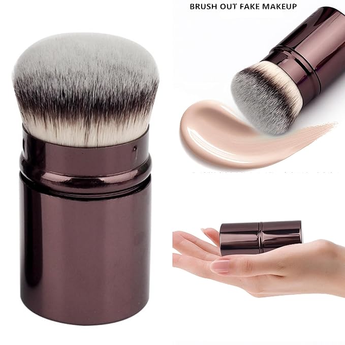 Retractable Kabuki Makeup Brush, Powder Brushes Foundation Travel Brush for Blush Bronzer & Powder, Silicone Lip Brush, Double-Ended Multi-purpose Makeup Blending Brush with Lid