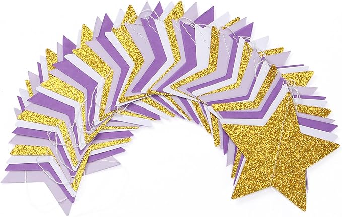 Purple-Lavender White-Gold Party-Decorations Star Garland - 62ft Streamers Hanging Banner,Girl Birthday Wedding Twinkle Twinkle Little Star Baby Bridal Shower Graduation Decor Hugtmr